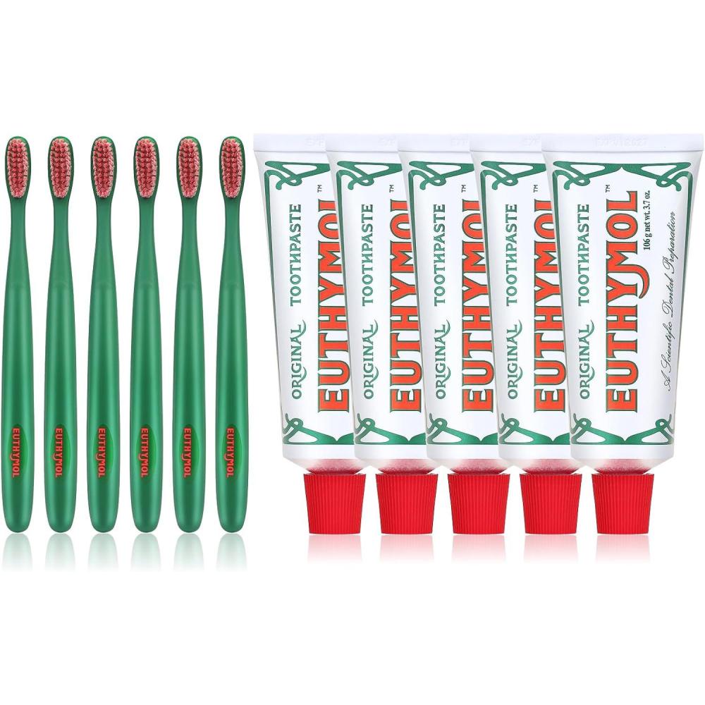 image:imageEuthymol Original Toothpaste Pack of 5 and Regular Toothbrush Pack of 6 for Sensitive Teeth amp Gum Bad Breath Cavity Prevention Gentle Quick Cleaning