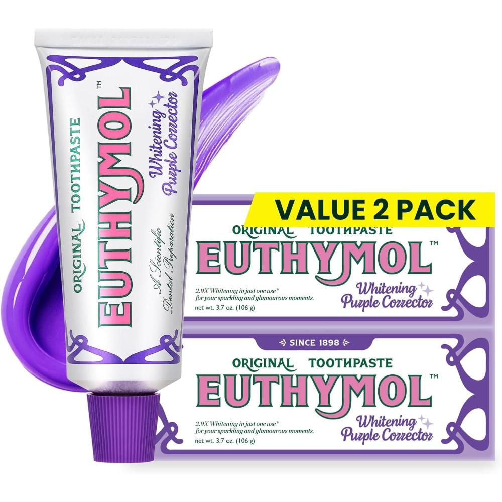 image:imageEuthymol Purple Whitening Toothpaste  for Yellow amp Sensitive Teeth  Violet ToneUp Formula Instantly Brightens 24H Stain Defense LongLasting Fresh Breath Pack of 237 Ounce Pack of 2