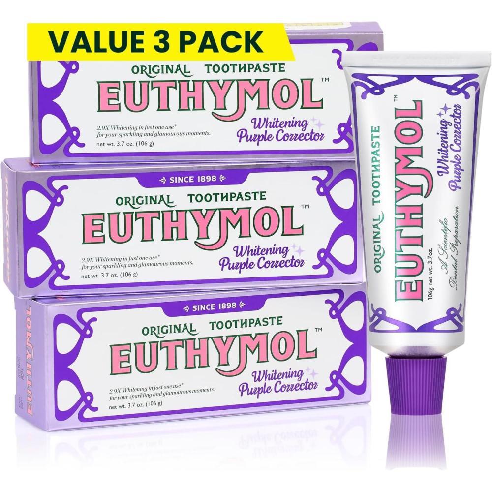 image:imageEuthymol Purple Whitening Toothpaste for Yellow amp Sensitive Teeth Violet ToneUp Formula Instantly Brightens 24H Stain Defense LongLasting Fresh Breath Pack of 237 Fl Oz Pack of 3