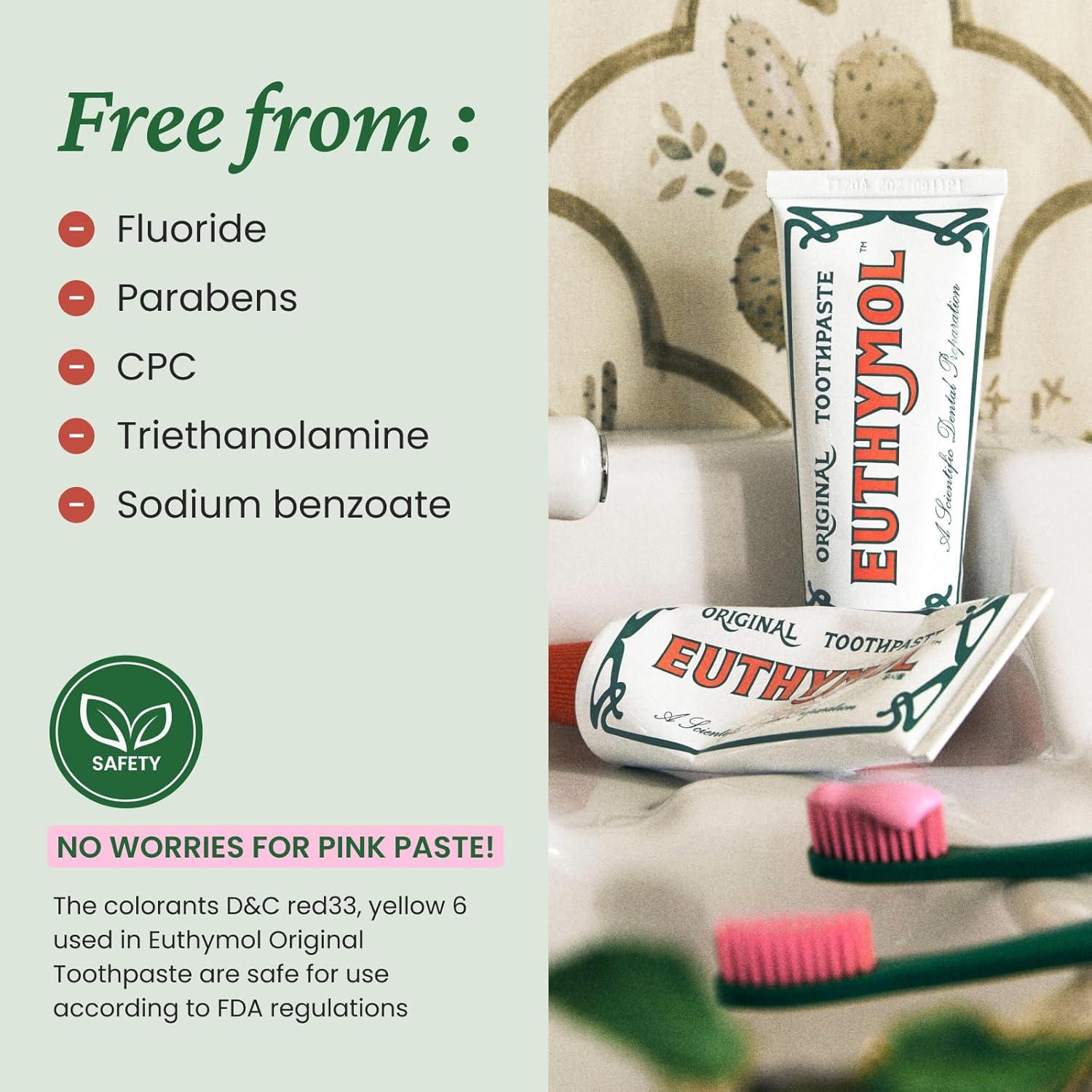 image:imageEUTHYMOL Original Pink Toothpaste 37fl oz3 Pack of 3 FluorideFree Toothpaste for Sensitive Teeth amp Gum Bad Breath Cavity Prevention 12Hour Long Lasting Freshness with Wintergreen37 Ounce Pack of 5